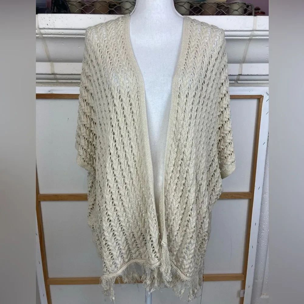Crochet Open-Front Cardigan w/ elbow length sleeves w/ fringed bottom